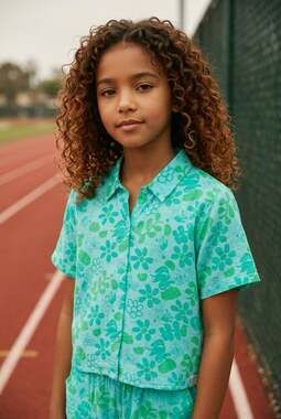 Bluey Floral Print Girls Short Sleeve Button-Down Gauze Shirt Teal/Green NWT